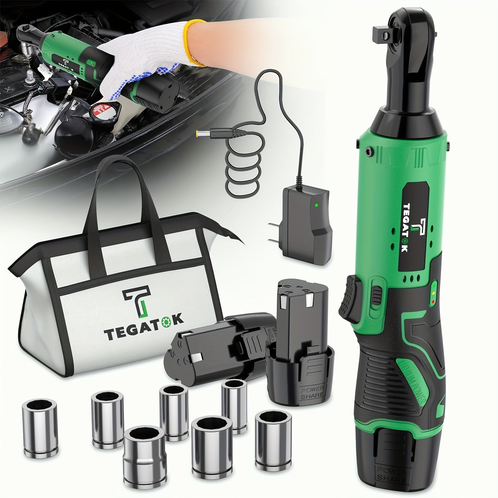 40 Ft-lbs 12V Cordless Ratchet Wrench Set, 400 RPM, 3/8" Powerful Rotary Tool, Fast Charge, Variable Speed Trigger, 2-Pack Lithium-Ion Batteries, 7 Sockets for Efficient Tasks