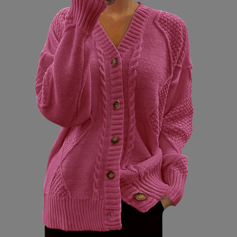 V-neck Knitted Cardigan Breasted Cable-knit Sweater Coat