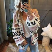 Loose and Lazy Style Jacquard Contrast Color Outerwear Knitted Cardigan Sweater