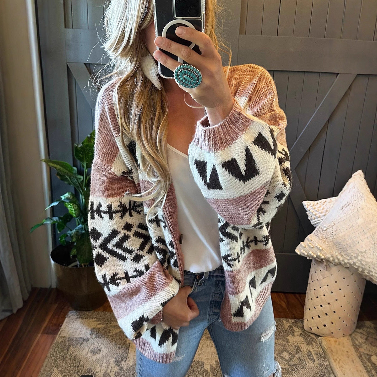 Loose and Lazy Style Jacquard Contrast Color Outerwear Knitted Cardigan Sweater