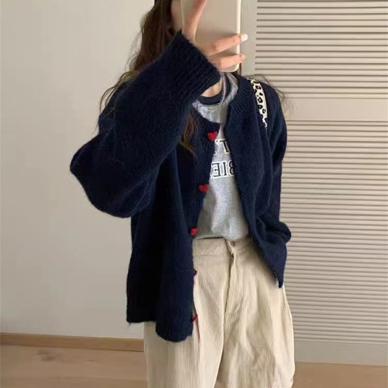 Round Neck All-matching Design Love Girl Buckle Knitted Cardigan Sweater Coat for Women