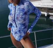 Zip-up Long-sleeve Sun-protective Mesh Printed One-piece Swimsuit Bikini