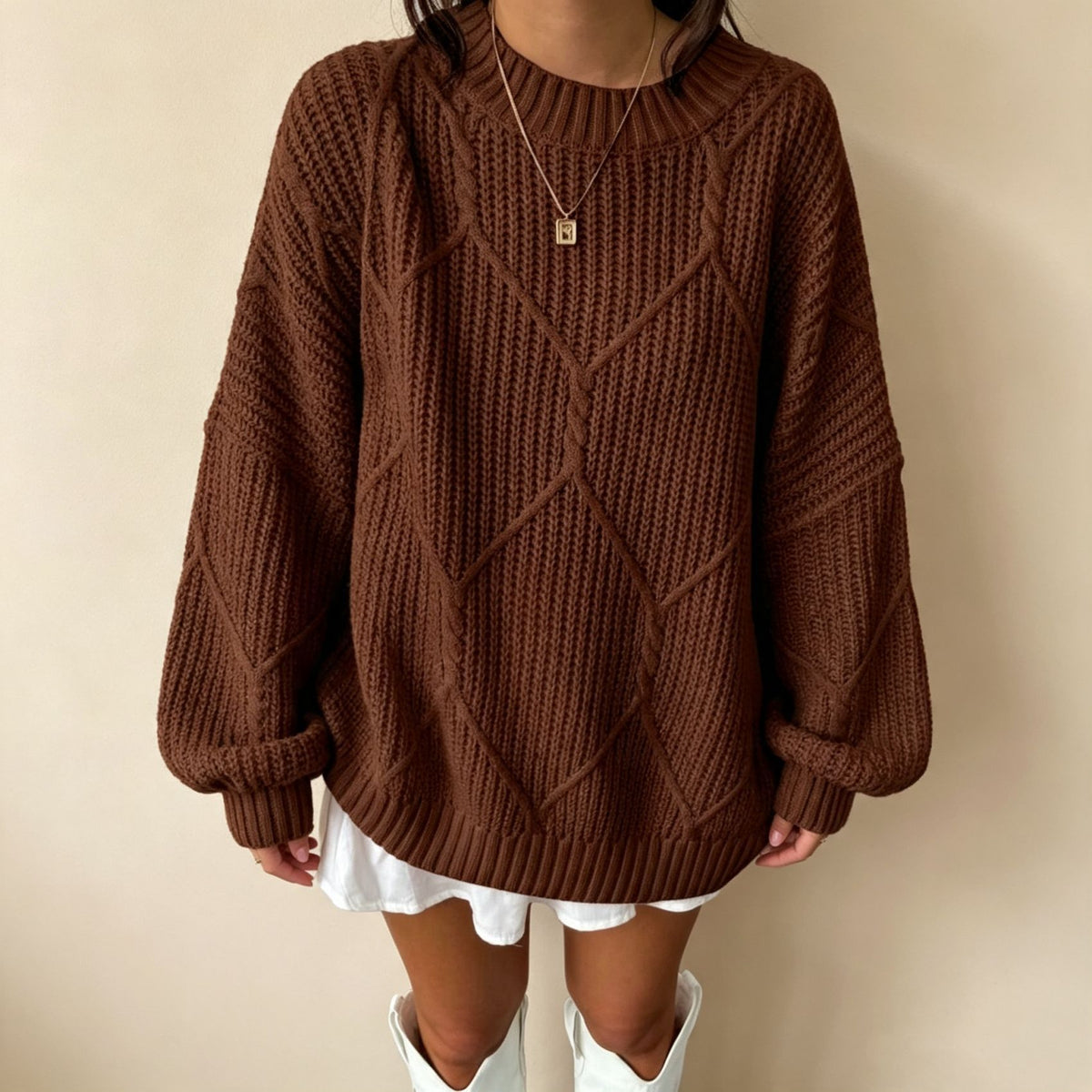 Womens Loose Knitted Sweater Solid-color Pullover