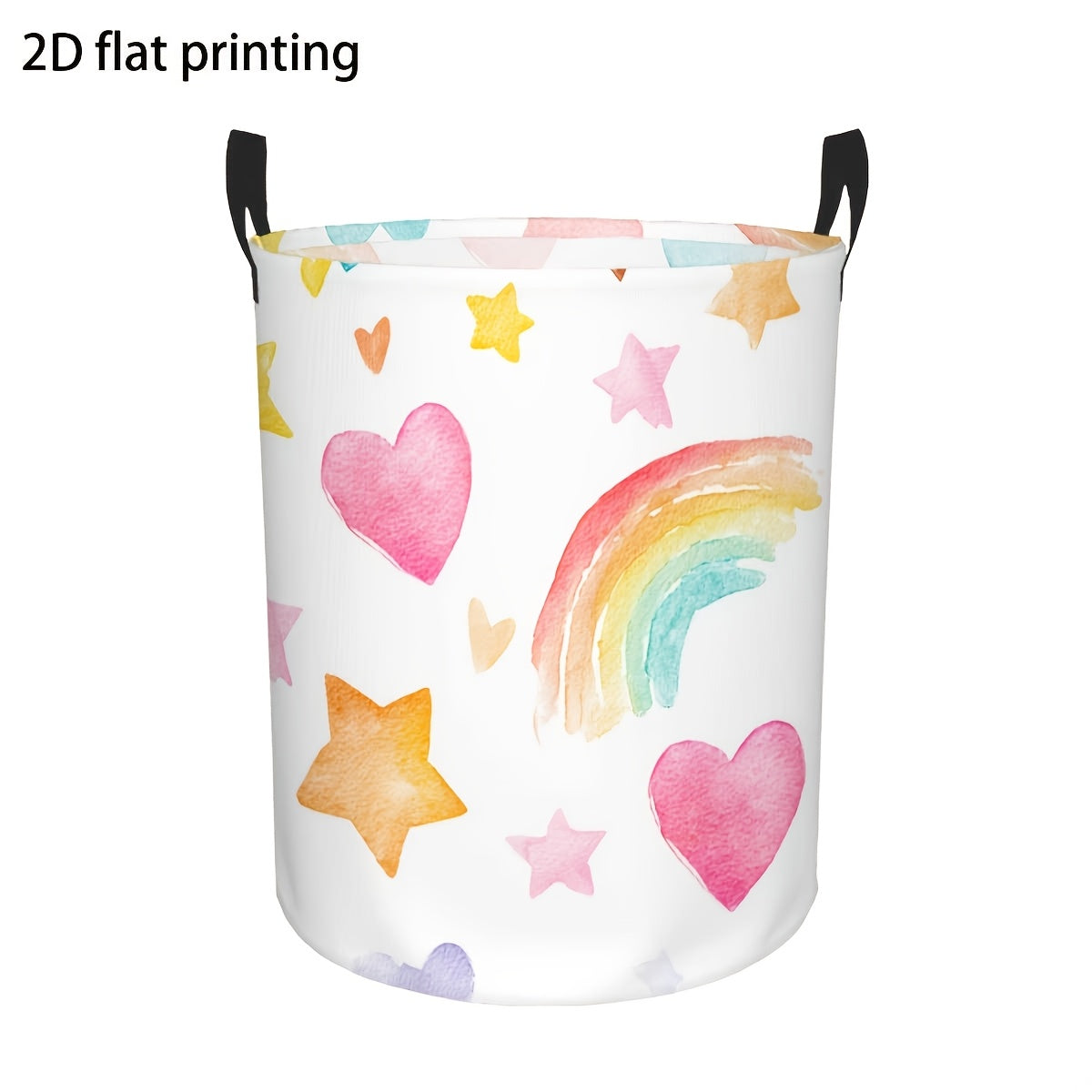 Round Foldable Laundry Basket with Rainbow Star and Heart Print, Polyester Storage Hamper with Decorative Handles, Large Capacity