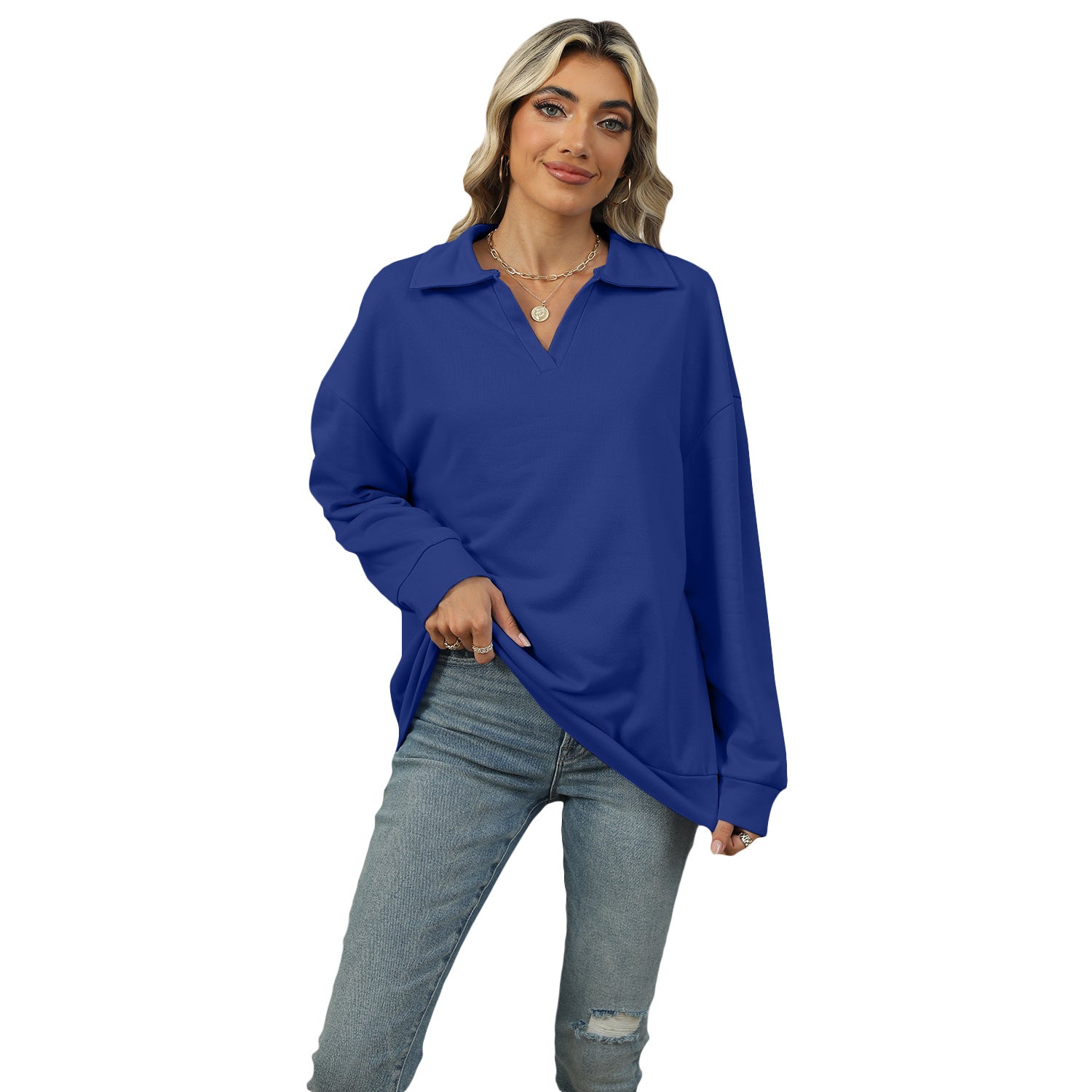 Cozy Solid Color Polo Collar Loose Long Sleeve Sweatshirt