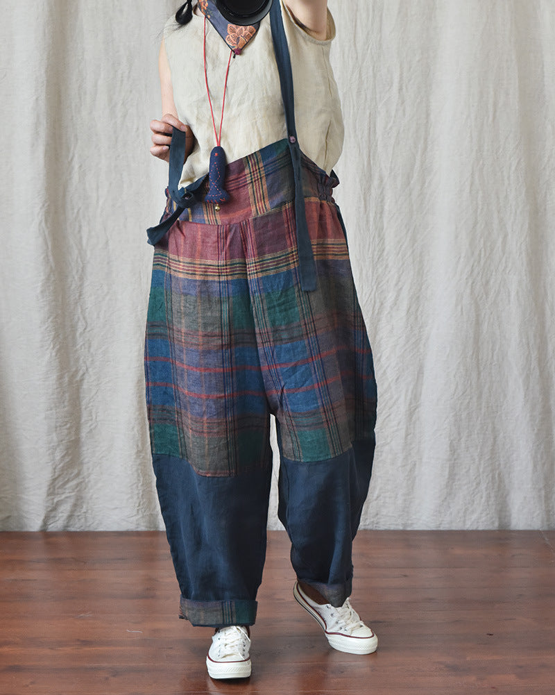 Chic Linen Patchwork Suspender Pants for Women