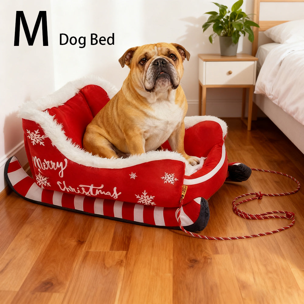Christmas Sled Dog Bed & Cat Bed - Red & Brown Reindeer Sleigh-Shaped Warm Winter Pet House With Soft Cushioned Bedding-Like Surface, No Assembly Required For Small Puppies, X-Small Dogs & Cats, Du...