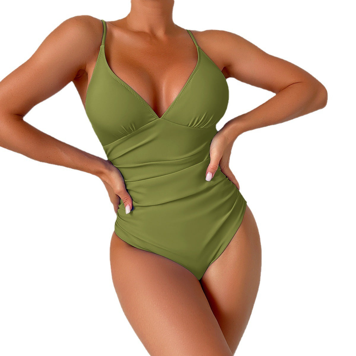 Sexy Deep V One-Piece Swimsuit with Ribbon & Chest Pad
