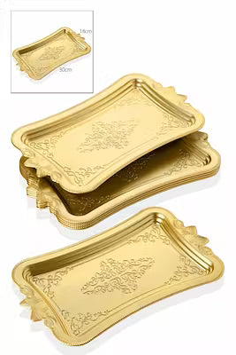 Gold rectangular coffee serving tray with ceramic cups and crystal water glasses