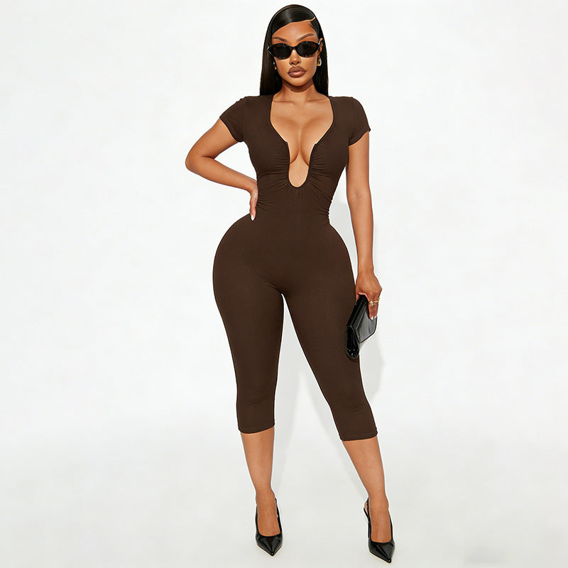 Womens Solid-color Slimming U-neck Jumpsuit