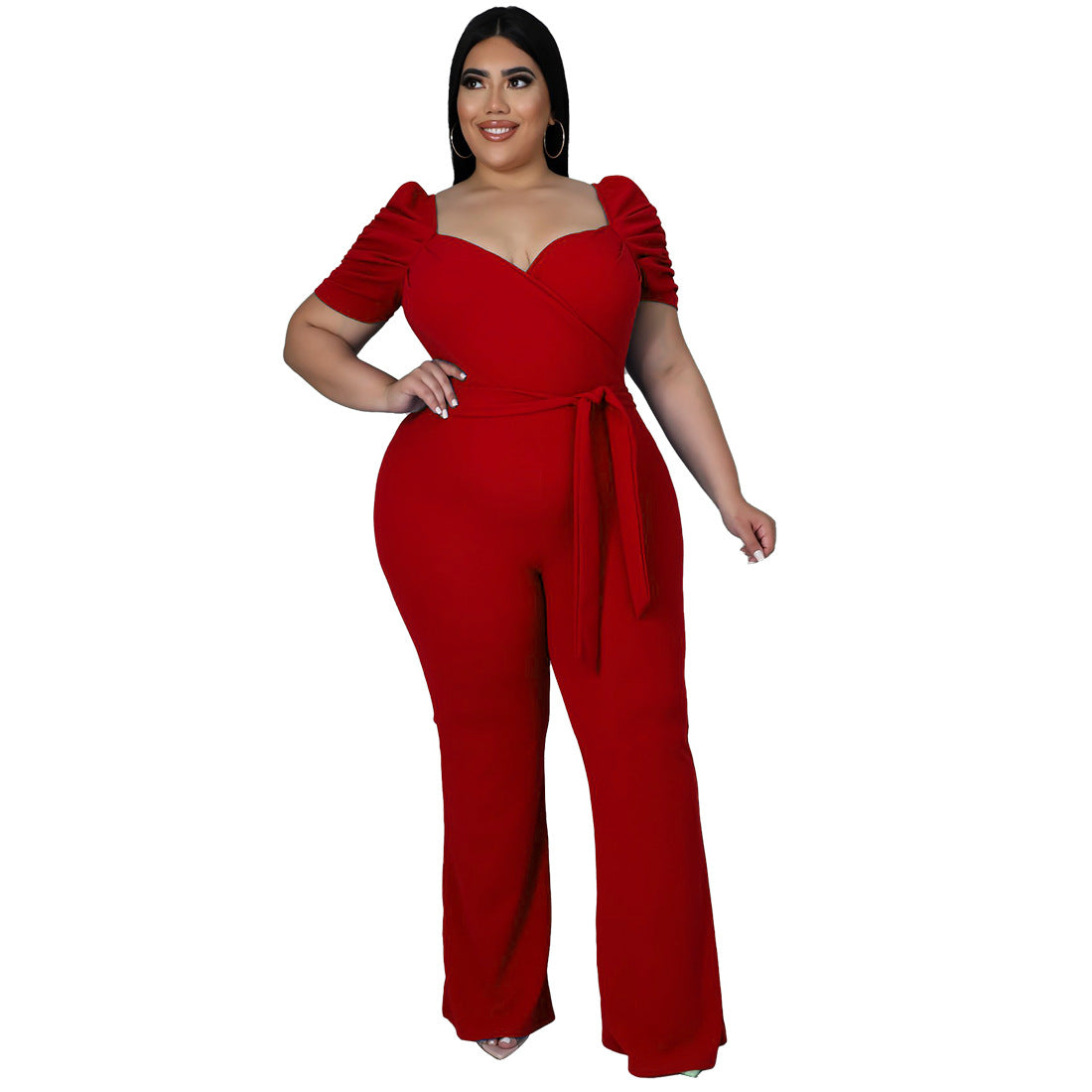 Women's Plus-Size Ruffle Sleeve High-Waist Wide-Leg Jumpsuit