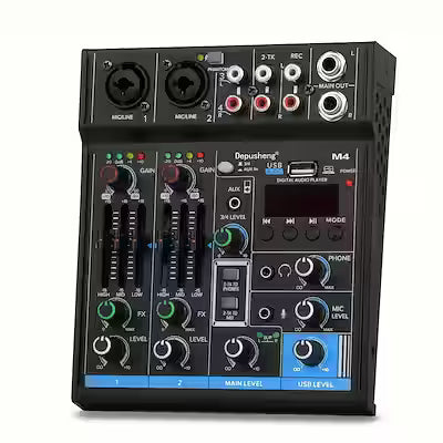 M4 4‑Channel Professional Audio Mixer with USB Recording, 48V Phantom Power and Monitor Output