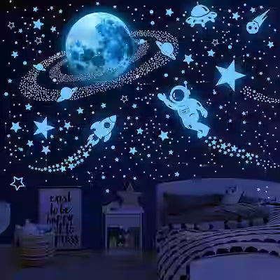 Glow in the Dark Galaxy Wall Stickers with Stars, Planets, and Rockets