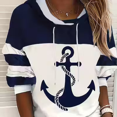 Navy Blue and White Striped Anchor Print Hoodie for Women