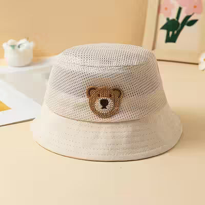Lightweight Openwork Summer Hat with Bear Patch Graphic