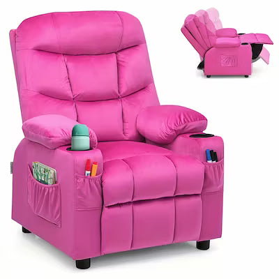 Pink velvet recliner chair for girls with cup holder and storage pocket