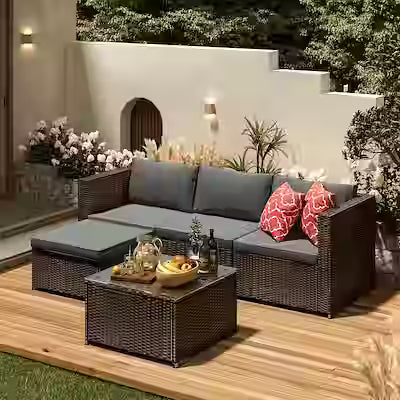 5-piece outdoor wicker sectional furniture set with glass coffee table
