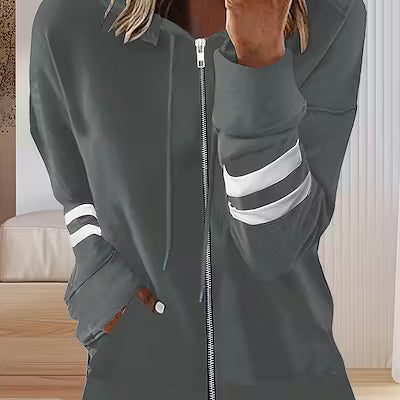 Plus Size Women's Zippered Color‑Block Hoodie Jacket – Lightweight Warm Outerwear