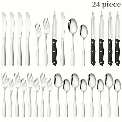 24‑Piece Black Stainless Steel Flatware Set – Mirror‑Polished Cutlery for 8, Dishwasher Safe, Gift Box Included