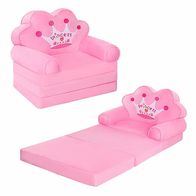 Pink 2-in-1 kids sofa and lounger with flip-open mechanism