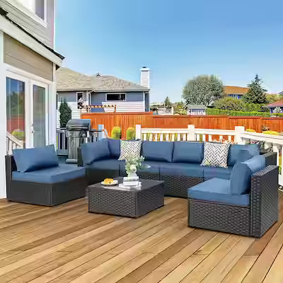 7-piece outdoor patio sectional furniture set with wicker rattan and tea table