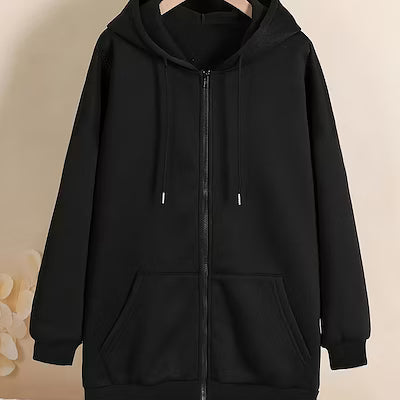 Plus Size Women's Fleece-Lined Zip-Up Hooded Sweatshirt with Long Sleeves