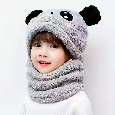 Kids knitted cartoon animal ear warmer hat with thick lining for winter