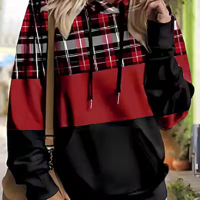 Plus Size Women's Casual Plaid Print Hooded Sweatshirt with Drawstring Hood