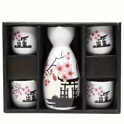 Set of Five Hand-Painted Ceramic Sake Cups and Bottle with Cherry Blossom Design