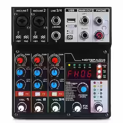 4-Channel DJ Audio Mixer with USB and SD Card Recording