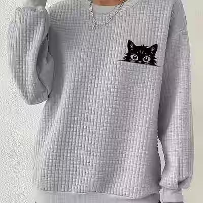 Plus size women’s long sleeve cat print waffle knit sweatshirt