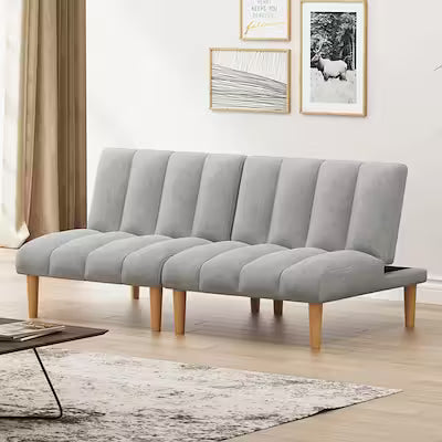 Grey Corduroy Convertible Sofa Bed with Wooden Legs