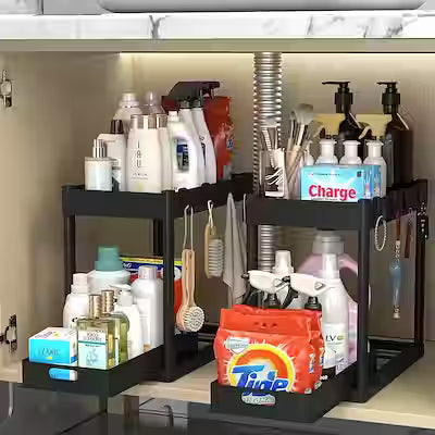 Under sink organizer 2-pack with sliding baskets and hooks