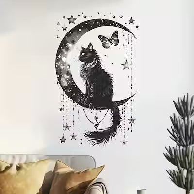 Black Cat and Moon Butterfly Wall Sticker