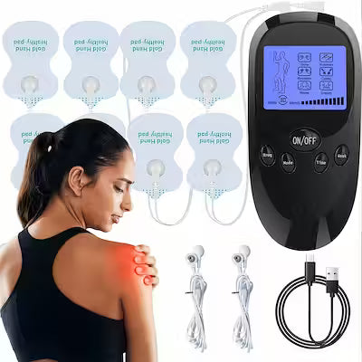 Portable TENS and EMS muscle stimulator with 8 electrodes