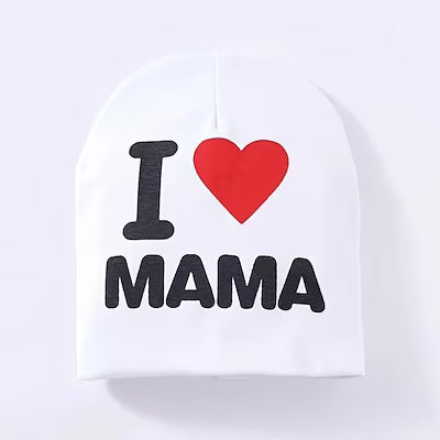 Child's knit beanie with 'I Love Mom and Dad' message