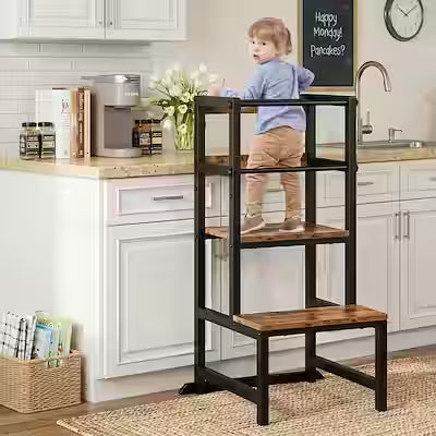 Adjustable toddler step stool with safety rail for kitchen and bathroom
