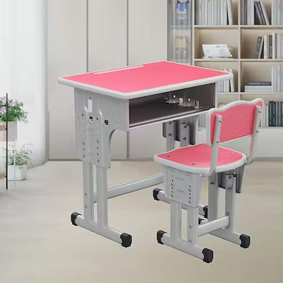 Adjustable height desk and chair set for children with storage drawer