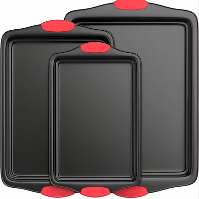 3-piece carbon steel non-stick baking pan set with silicone handles
