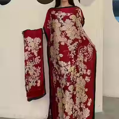 Floral Boat Neck Abaya with Batwing Sleeves – Plus Size Relaxed Fit Maxi Dress