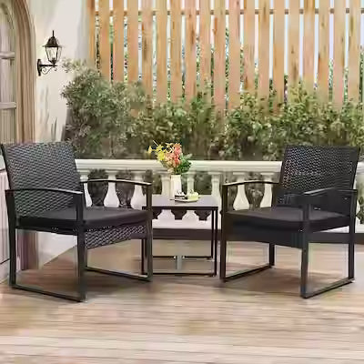 3-piece rattan bistro set with tempered glass table and thick cushions for patio garden