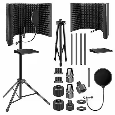 Professional Studio Microphone Soundproof Cover Set with Tray Pop Filter and High‑Density Foam – Compatible with Condenser Microphones (Includes Bracket)