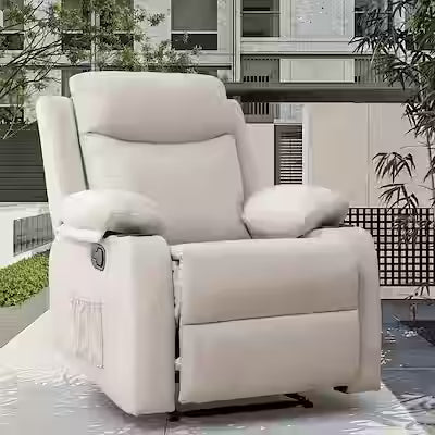 Ergonomic beige-white patio recliner with side pockets and cup holders