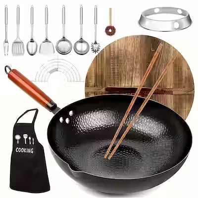 Cast Iron Wok Set with Lid and 13 Cooking Accessories
