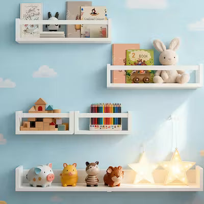 White floating wall shelves set for nursery and kids room storage