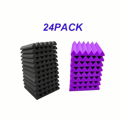 24‑Piece Soundproof Foam Wall Panel Set – 12 in × 12 in × 2 in, Black and Purple, with 140 Double‑Sided Adhesive Tape
