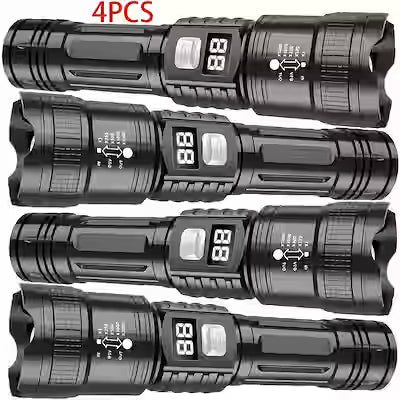4-piece rechargeable LED flashlight set with zoomable spotlight and USB cable