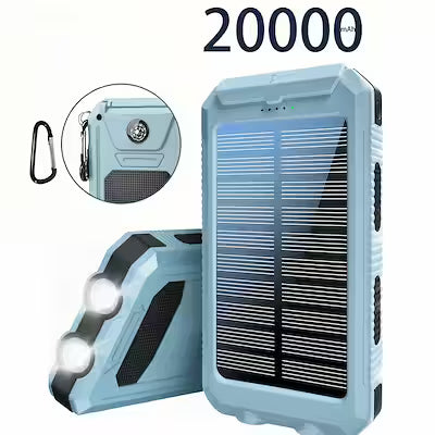 Solar-powered portable phone charger with dual USB ports and LED flashlights