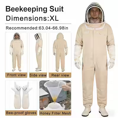 Full-body professional beekeeping suit with veil hood and gloves