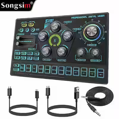 Audio Mixer Console with RGB Backlit, USB Charging, 48V Phantom Power, XLR Mic Interface, Volume Faders and One-Key Mute – Black